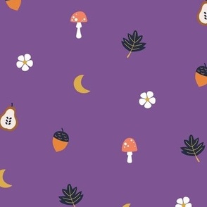 Little fall illustrations toadstools leaves acorns pear flowers and moon fall garden theme baby nursery orange navy blue on purple