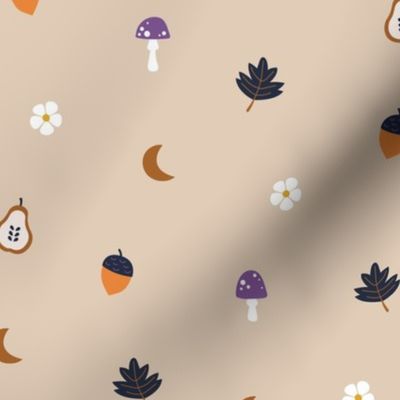 Little fall illustrations toadstools leaves acorns pear flowers and moon fall garden theme baby nursery purple orange beige on tan