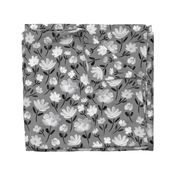 Watercolor black and white flowers with grey background (large wallpaper size version)