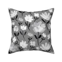 Watercolor black and white flowers with grey background (large wallpaper size version)