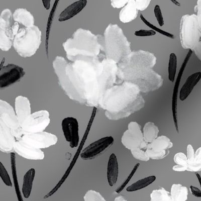 Watercolor black and white flowers with grey background (large wallpaper size version)