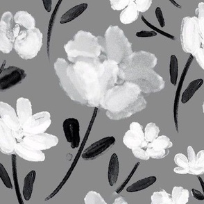 Watercolor black and white flowers with grey background (large wallpaper size version)