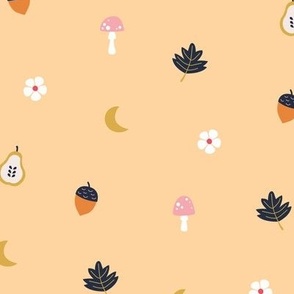 Little fall illustrations toadstools leaves acorns pear flowers and moon fall garden theme baby nursery pink navy orange on blush cream