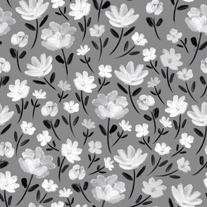 Watercolor black and white flowers with grey background (medium size version)