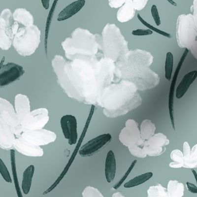 Watercolor white flowers with green mint background (large wallpaper size version)