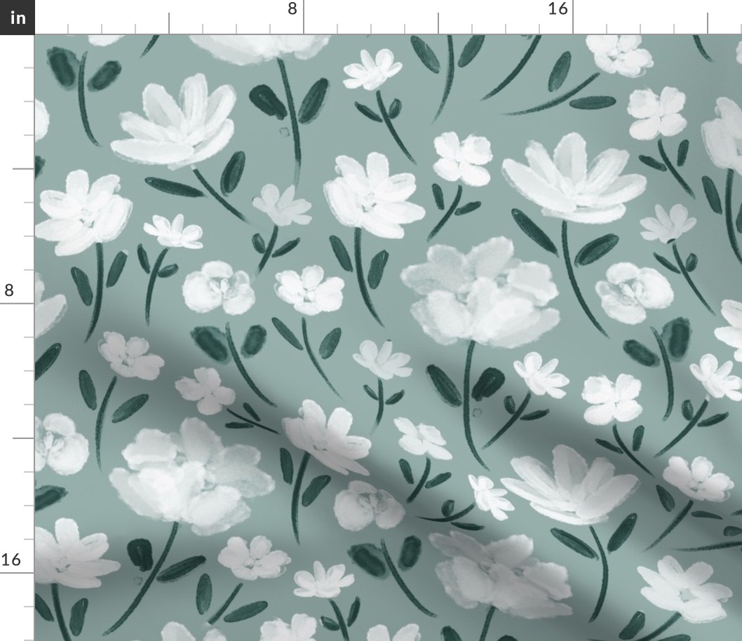 Watercolor white flowers with green mint background (large wallpaper size version)