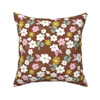 Colorful anemone wild flower garden - abstract blossom floral leaves mint pink mustard yellow on rust