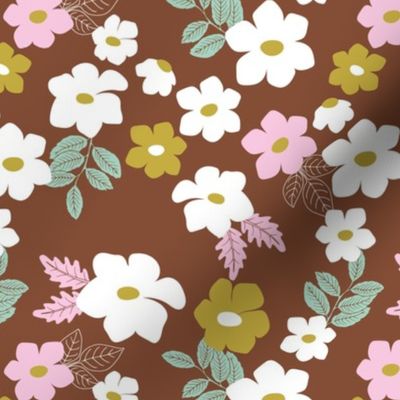 Colorful anemone wild flower garden - abstract blossom floral leaves mint pink mustard yellow on rust