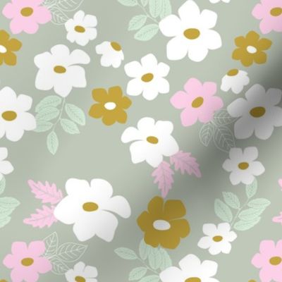 Colorful anemone wild flower garden - abstract blossom floral leaves mustard pink white on sage green