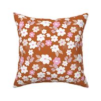 Colorful anemone wild flower garden - abstract blossom floral leaves white pink tan on rust vintage burnt orange