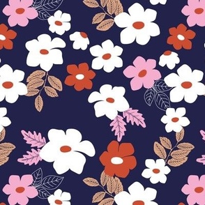 Colorful anemone wild flower garden - abstract blossom floral leaves white pink tan red on navy blue