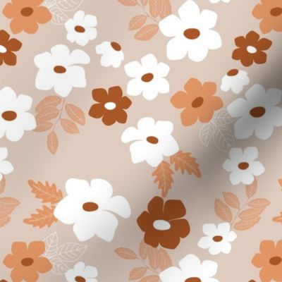 Colorful anemone wild flower garden - abstract blossom floral leaves white blush rust on tan beige seventies palette