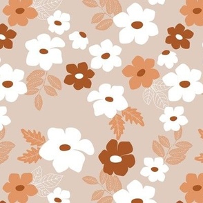 Colorful anemone wild flower garden - abstract blossom floral leaves white blush rust on tan beige seventies palette