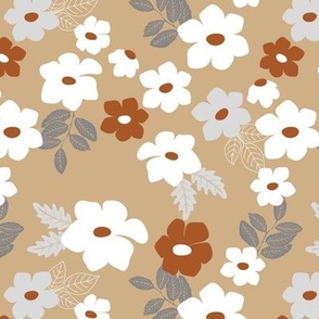 Colorful anemone wild flower garden - abstract blossom floral leaves white rust burnt orange gray on tan beige