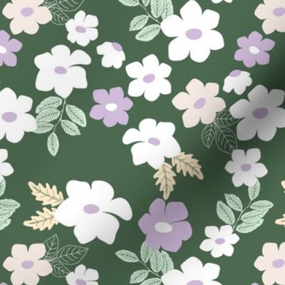 Colorful anemone wild flower garden - abstract blossom floral leaves white lilac mint vanilla mint on olive green 