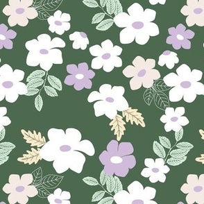 Colorful anemone wild flower garden - abstract blossom floral leaves white lilac mint vanilla mint on olive green 