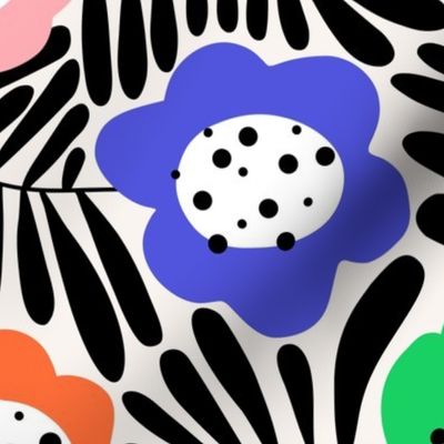 Climbing Flowers V2: Big flowers, abstract flowers,  fun floral, dopamine design, retro floral in black, white & rainbow colors - Large