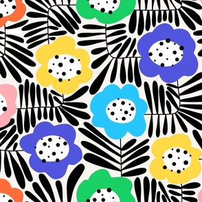 Climbing Flowers V2: Big flowers, abstract flowers,  fun floral, dopamine design, retro floral in black, white & rainbow colors - Large