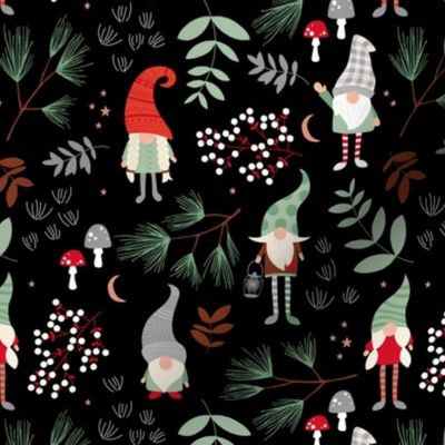 Little magic lucky charms - Scandinavian fall mushrooms and garden leaves gonks mint green red christmas palette on black
