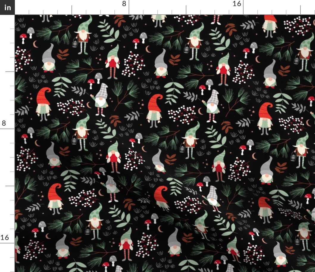Little magic lucky charms - Scandinavian fall mushrooms and garden leaves gonks mint green red christmas palette on black