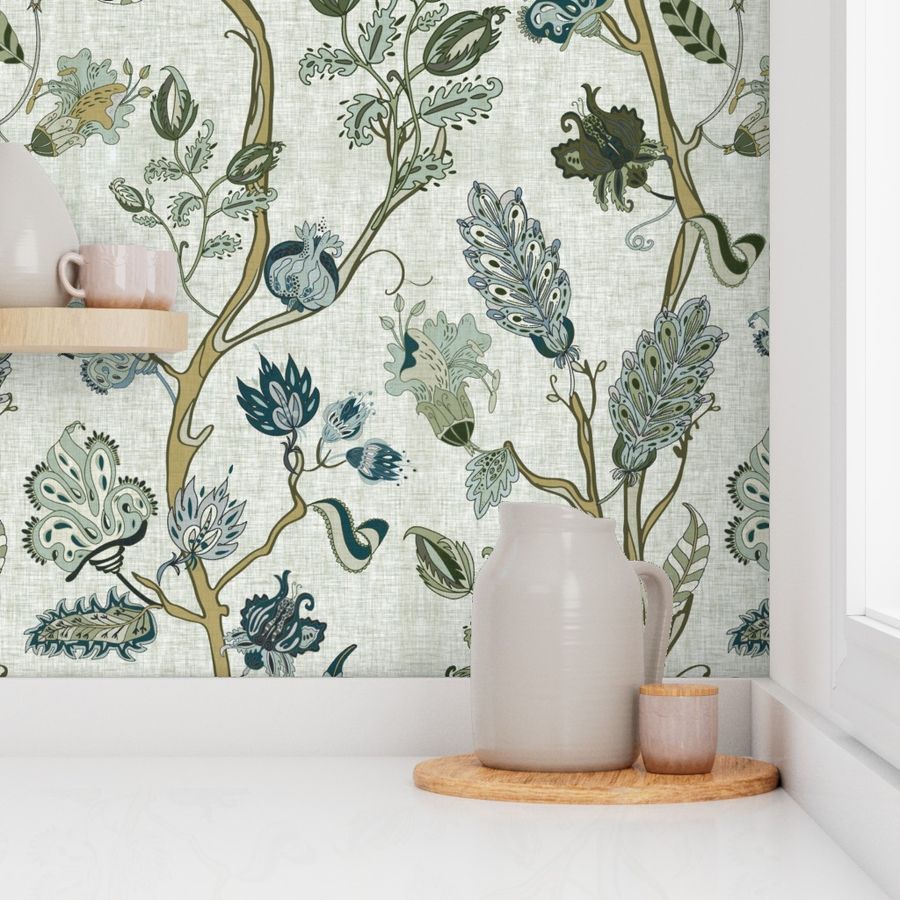 Retro Vine Floral- Sea glass blue with Wallpaper | Spoonflower
