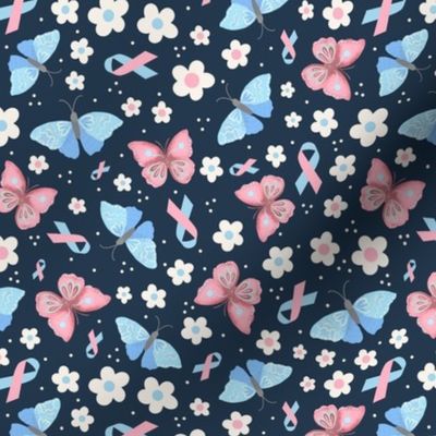 Medium Scale Pink and Blue Ribbon Pregnancy Infant Child Loss Awareness Butterflies and Flowers on Navy