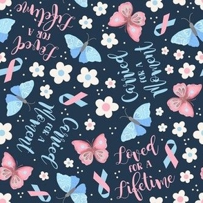 Medium Scale Carried for a Moment Loved for a Lifetime Pink and Blue Ribbon Pregnancy Infant Child Loss Awareness Butterflies and Flowers on Navy