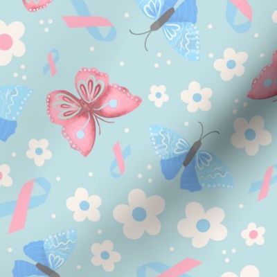 Large Scale Pink and Blue Ribbon Pregnancy Infant Child Loss Awareness Butterflies and Flowers on Pale Blue