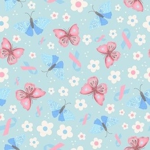 Medium Scale Pink and Blue Ribbon Pregnancy Infant Child Loss Awareness Butterflies and Flowers on Pale Blue