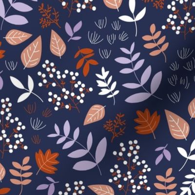 Fall meadow leaves and berries - Halloween garden lilac rust navy blue 