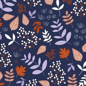 Fall meadow leaves and berries - Halloween garden lilac rust navy blue 