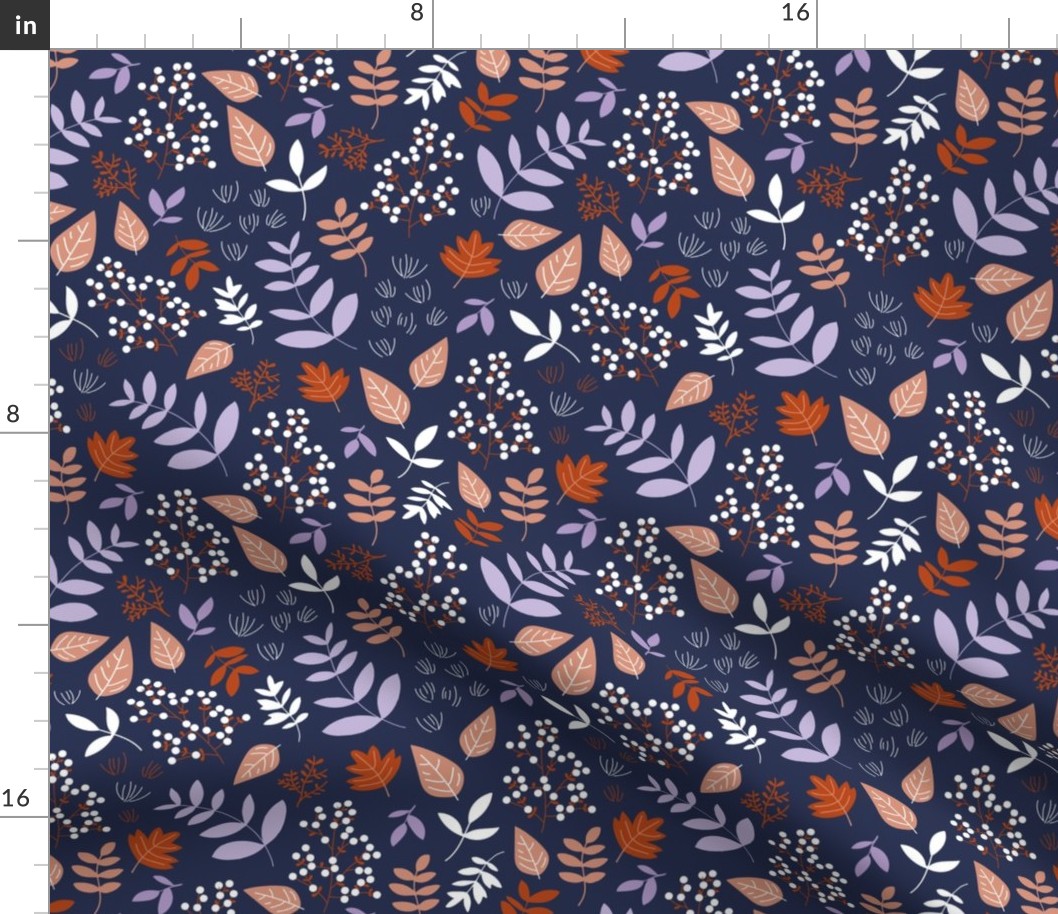 Fall meadow leaves and berries - Halloween garden lilac rust navy blue 