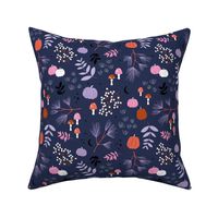 Fall pumpkins and toadstool leaves halloween themes garden design for kids in pink lilac on navy blue 