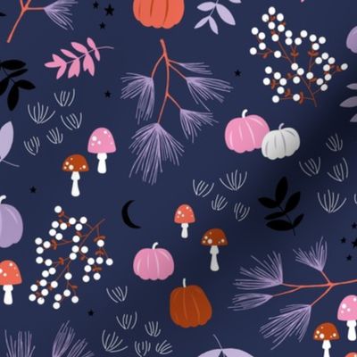 Fall pumpkins and toadstool leaves halloween themes garden design for kids in pink lilac on navy blue 