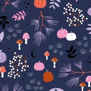 Fall pumpkins and toadstool leaves halloween themes garden design for kids in pink lilac on navy blue 