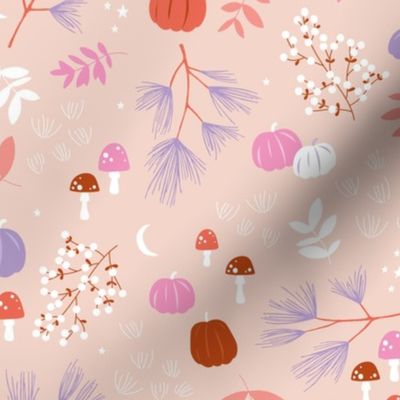 Fall pumpkins and toadstool leaves halloween themes garden design for kids in pink lilac on blush 