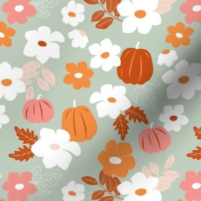 Fall floral pumpkin blossom branches and leaves halloween garden theme orange blush on sage green 