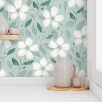Watercolor floral wallpaper with white flowers and green mint background (large size version)
