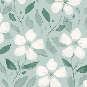 Watercolor floral wallpaper with white flowers and green mint background (large size version)