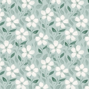 Watercolor white flowers with green mint background (small size version)