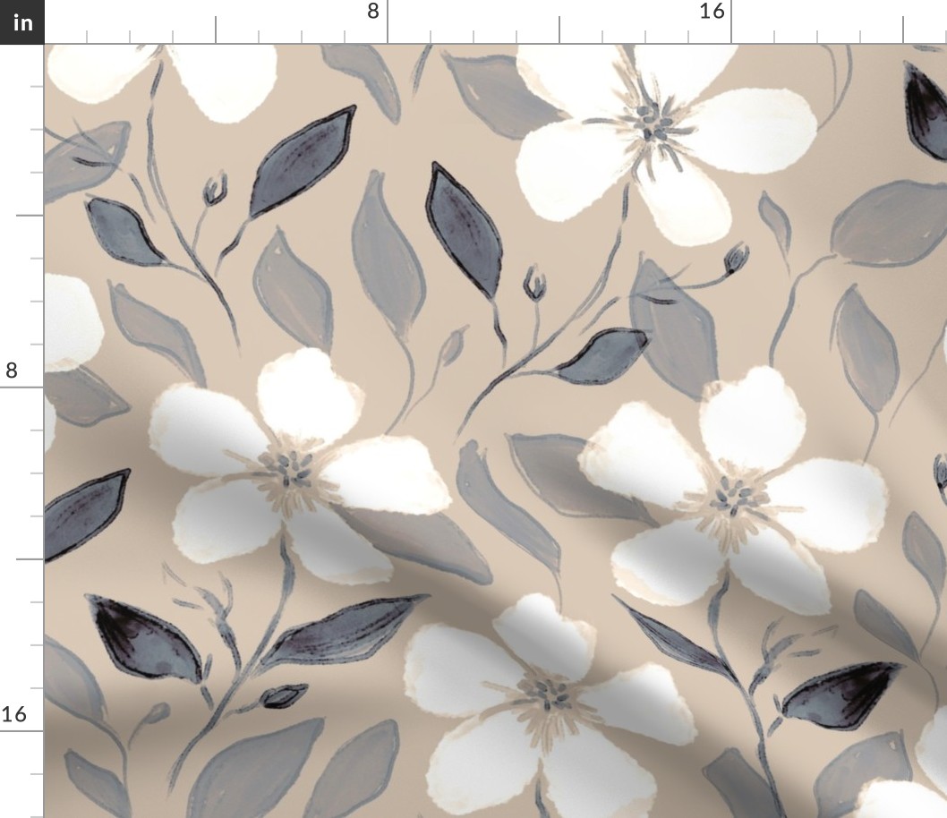Watercolor neutral floral wallpaper with white flowers and light brown background (large size version)