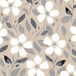 Watercolor neutral floral white flowers with light brown background (medium size version)