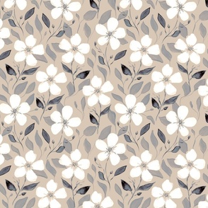 Watercolor neutral floral white flowers with light brown background (small size version)