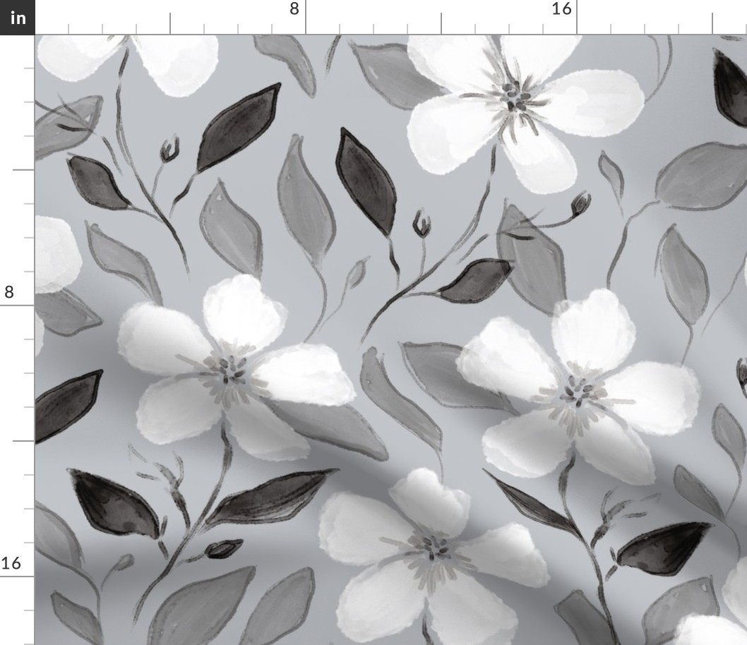 Black and white watercolor floral wallpaper with white flowers and grey background (large size version)