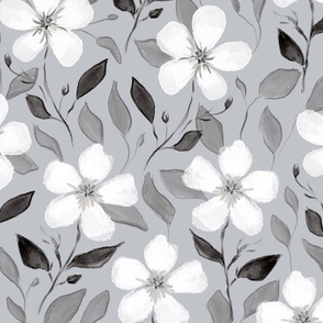 Black and white watercolor floral white flowers with grey background (medium size version)