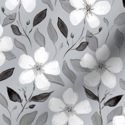 Black and white watercolor floral white flowers with grey background (small size version)