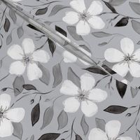 Black and white watercolor floral white flowers with grey background (small size version)