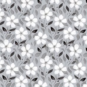 Black and white watercolor floral white flowers with grey background (small size version)