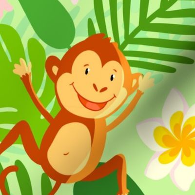 Tropical fun with little monkeys and frangipani (large wallpaper size version)