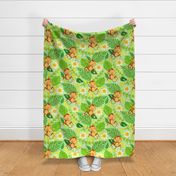 Tropical fun with little monkeys and frangipani (large wallpaper size version)